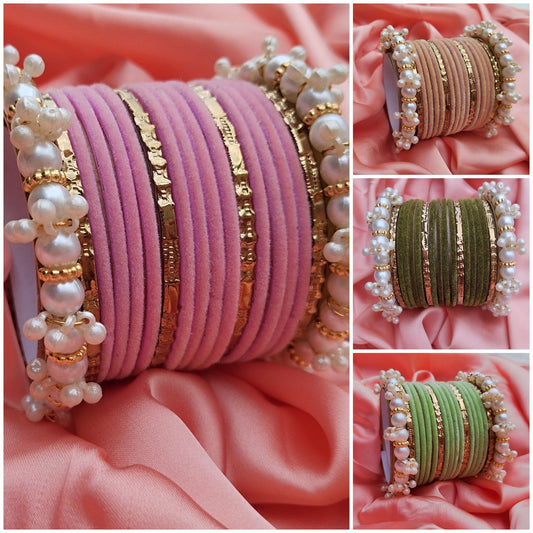 bangles for girls , Gajra bangles set , velvet bangles set with trendy Gajra kary , Gajra velvet glass bangles set for girls , velvet glass bangles for girls